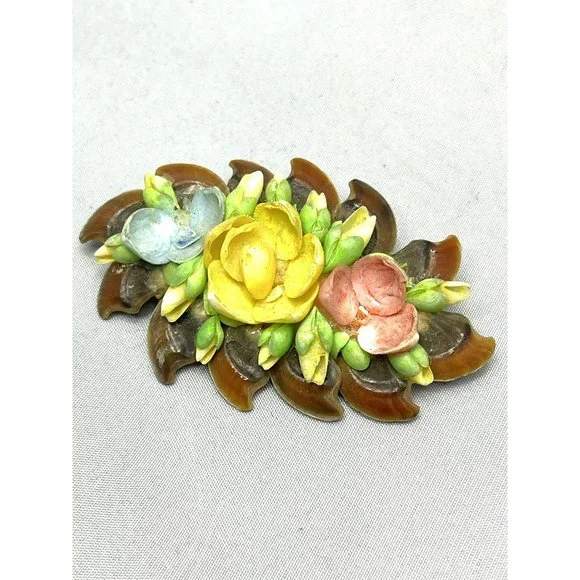 Vintage Celluloid Flower Floral Brooch Pin